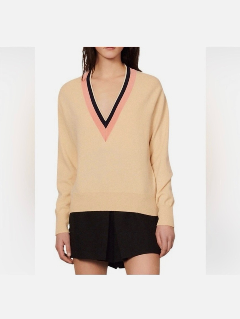 Sandro Paris Cashmere Blend Varsity Trim V-Neck Sweater Cream Pink Size 0